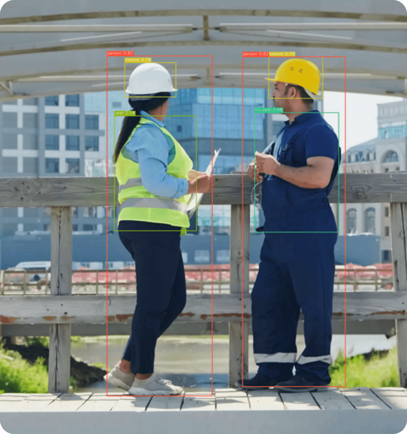 建築工地安全帽和工服佩戴偵測畫面