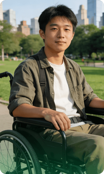 坐在戶外輪椅上的青年